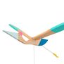Hanging pinewood mobile bird toy in natural tones and blue painted wings and beak by Eguchi
